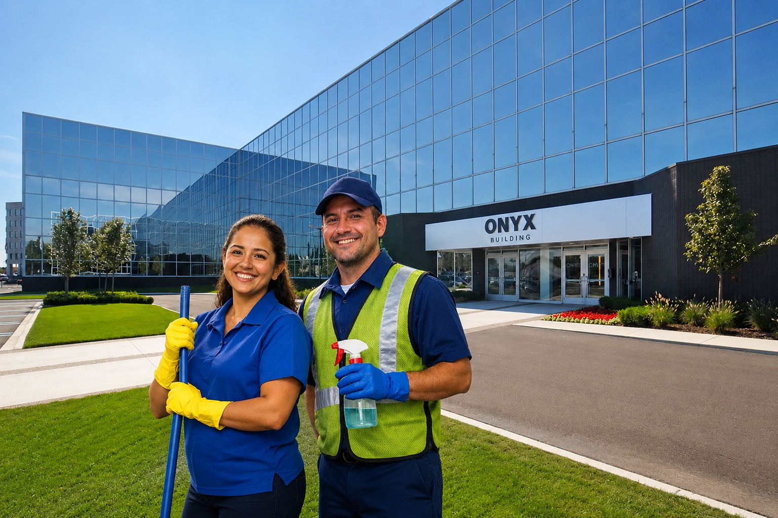 360 Pro Multiservices team members in uniform outside the ONYX building in Southfield, MI